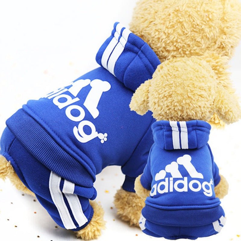 Blue dog winter hoodie with hood, adidas dog logo, and white striped sleeve accents
