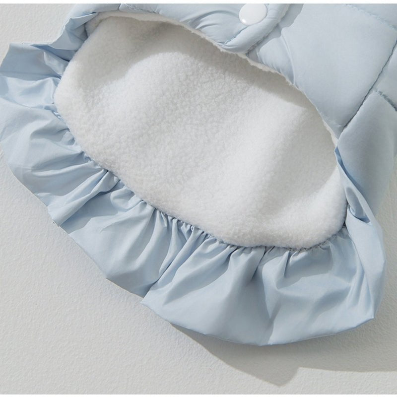 Light blue padded pet coat with oval belly pad and gathered ruffle edging