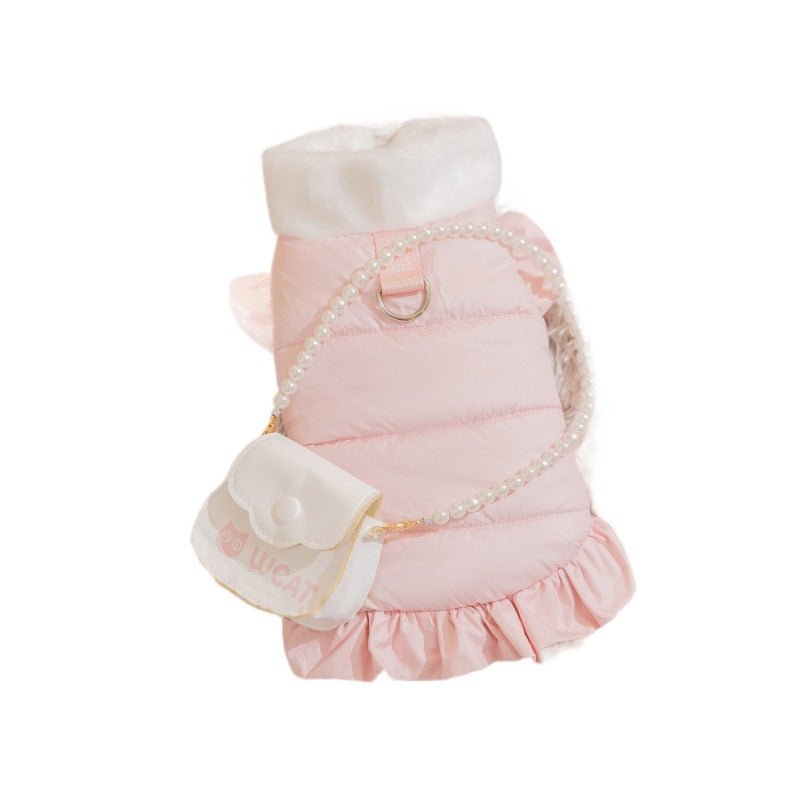 Pink padded pet winter coat with faux fur hood, pearl trim, and ruffled skirt hem