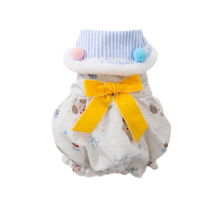 Pet winter skirt dress: white fabric with blue striped collar and yellow ribbon bow (front)