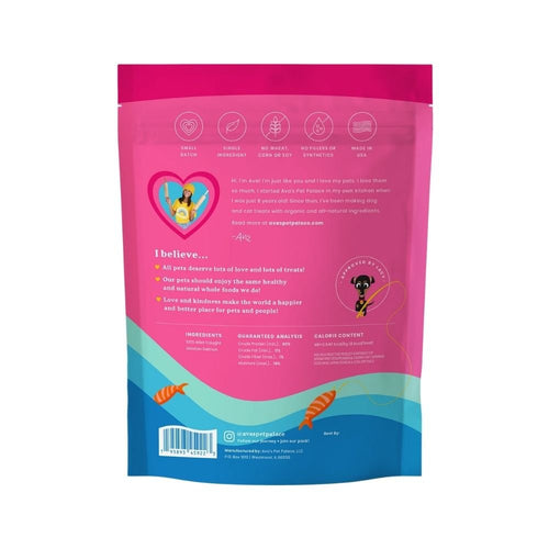 Pink and blue back panel pouch for crunchy salmon jerky dog treats