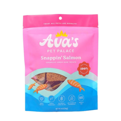 Pink pouch of crunchy salmon jerky dog treats with fish graphics and a seal