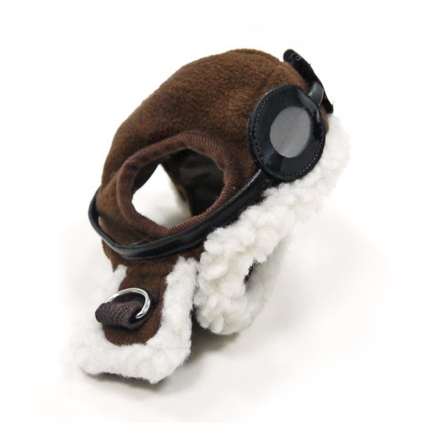 Brown aviator dog hat with open ear flap, white fleece trim, and goggle patch