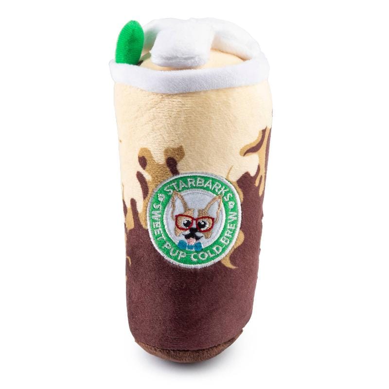 Plush cold brew cup dog toy, brown and cream fabric, green garnish, stitched pup logo
