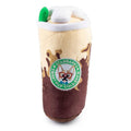Plush cold brew cup dog toy, brown and cream fabric, green garnish, stitched pup logo