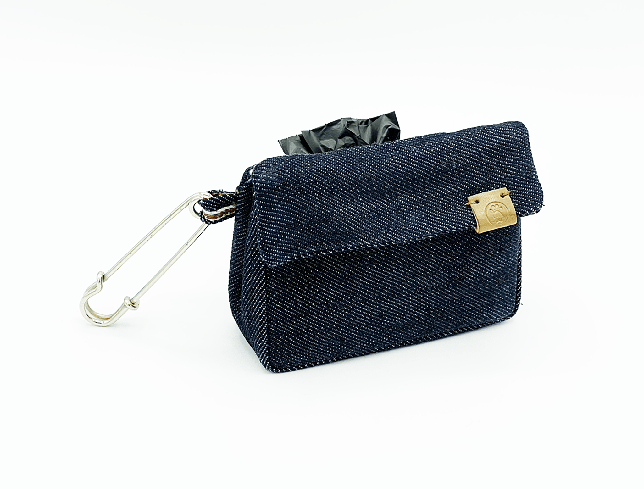 Denim waste bag dispenser with card holder, blue fabric, metal hook, gold logo patch