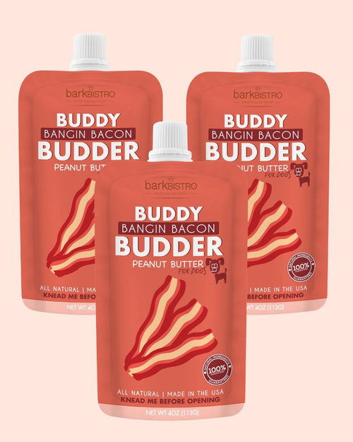 Bangin Bacon Buddy Budder Bundle (Trio 4oz Squeeze Packs) - 100% all natural dog peanut butter, Made in USA Fursace Luxury Dog Plush Toy - Red Squeaky | Cookies Wagging Friends Boutique Cookies Wagging Friends Boutique