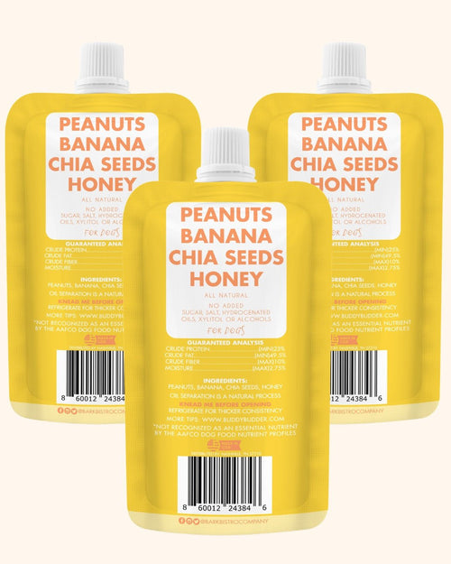 Barkin Banana Buddy Budder Bundle (Trio 4oz Squeeze Packs) - 100% all natural dog peanut butter, Made in USA Fursace Luxury Dog Plush Toy - Red Squeaky | Cookies Wagging Friends Boutique Cookies Wagging Friends Boutique