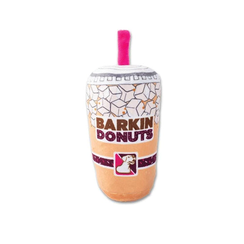 Plush iced coffee dog toy with pink straw and cup graphic, “Barkin Donuts” print