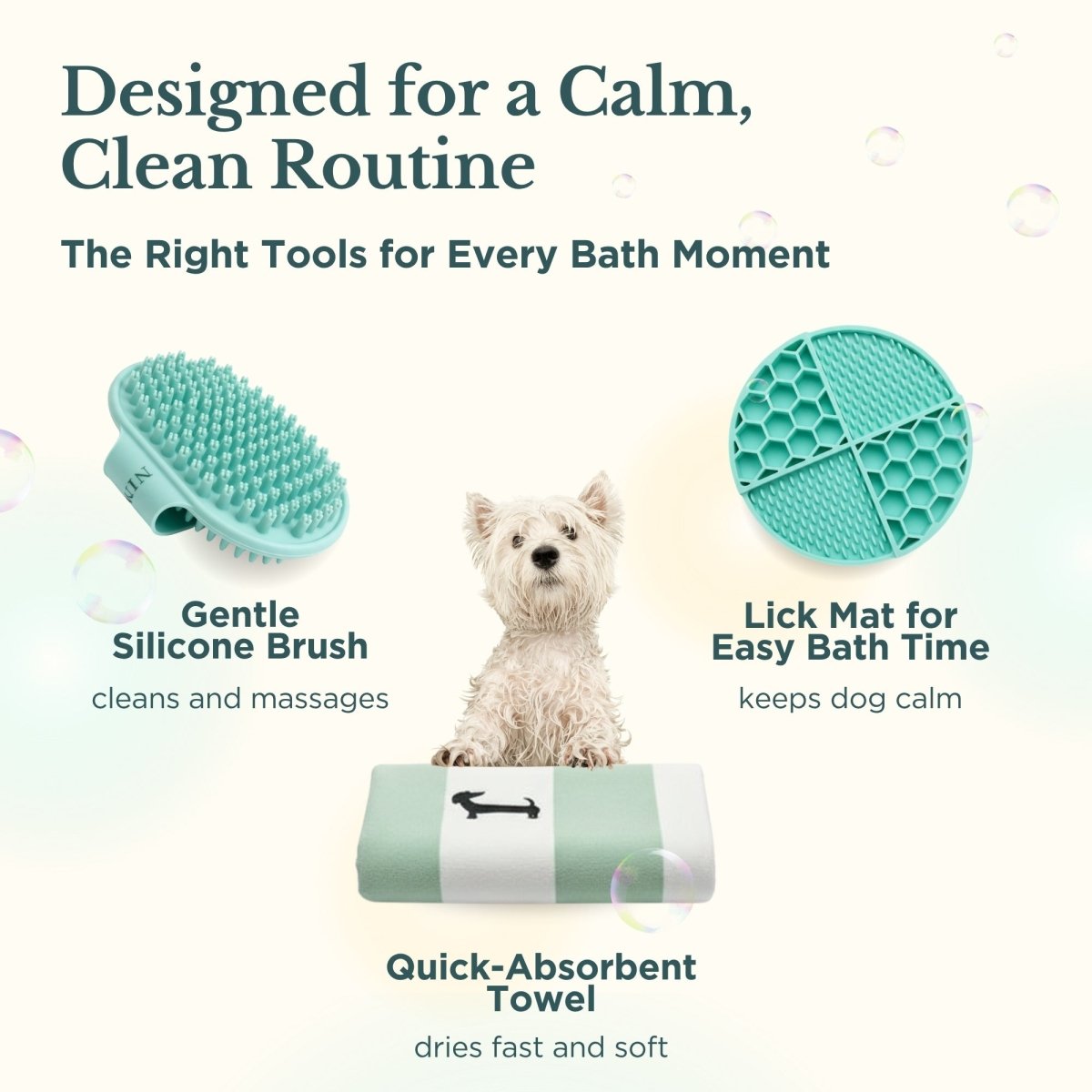 Dog bath kit featuring silicone brush, lick mat, and mint-striped absorbent towel