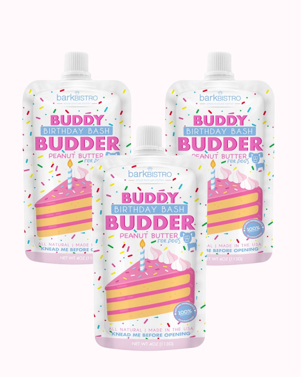 Birthday Bash Buddy Budder Bundle (Trio 4oz Squeeze Packs) - 100% all natural dog peanut butter, Made in USA