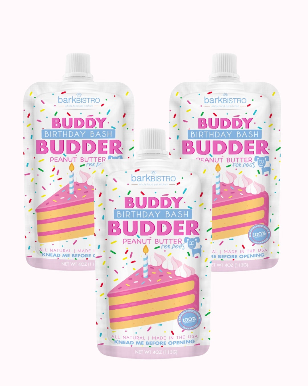 Birthday Bash Buddy Budder Bundle (Trio 4oz Squeeze Packs) - 100% all natural dog peanut butter, Made in USA