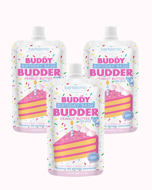 Three cute birthday-themed dog peanut butter squeeze packs with white caps