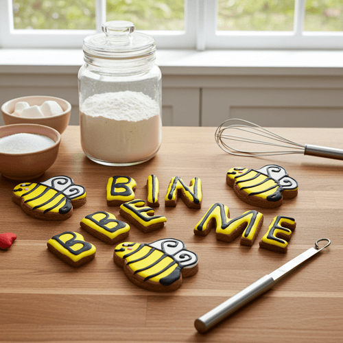 Be Mine dog cookie set: bee-shaped cookies and letter cookies reading “BE MINE”