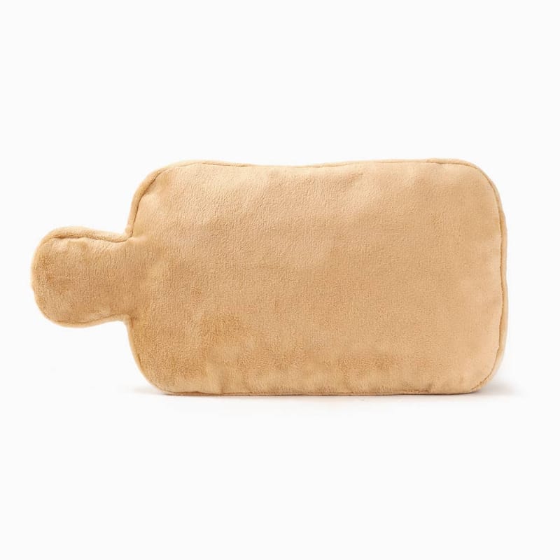 Tan plush dog cookie board toy with rounded bone shape and plain stitched back