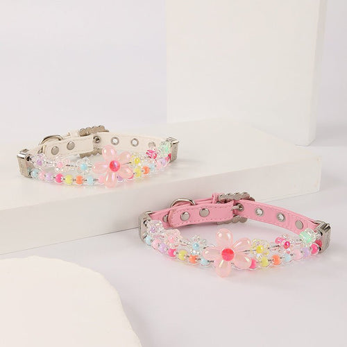Beaded flower dog collar set with pink and light straps, colorful charm beads