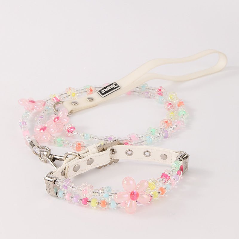 Beaded flower dog collar and leash set with light strap, multicolor charm beads