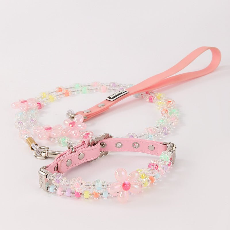 Pink beaded flower dog collar and leash set with colorful charm beads