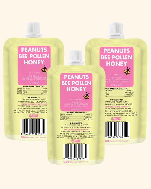 Beehive Buzz Buddy Budder Bundle (Trio 4oz Squeeze Packs) - 100% all natural dog peanut butter, Made in USA Fursace Luxury Dog Plush Toy - Red Squeaky | Cookies Wagging Friends Boutique Cookies Wagging Friends Boutique