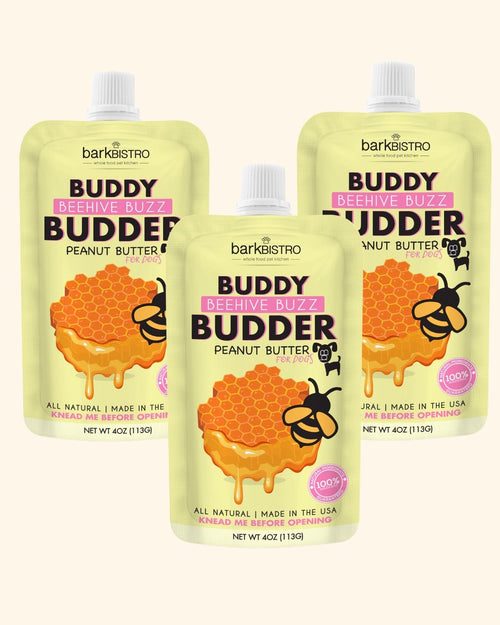Beehive Buzz Buddy Budder Bundle (Trio 4oz Squeeze Packs) - 100% all natural dog peanut butter, Made in USA Fursace Luxury Dog Plush Toy - Red Squeaky | Cookies Wagging Friends Boutique Cookies Wagging Friends Boutique