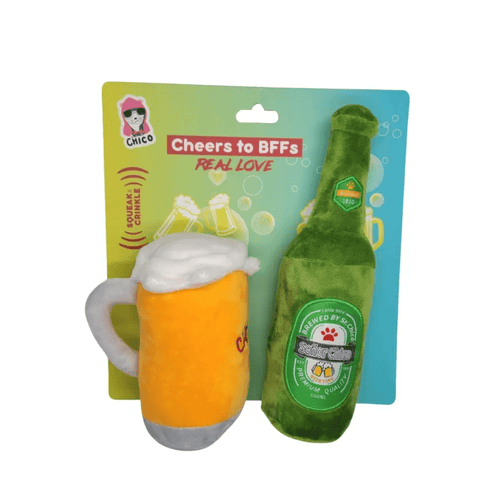 Beers-Cheers Plush Dog Toy Gift Set – with Squeaker & Crinkle Paper for Fun Play Fursace Luxury Dog Plush Toy - Red Squeaky | Cookies Wagging Friends Boutique Cookies Wagging Friends Boutique