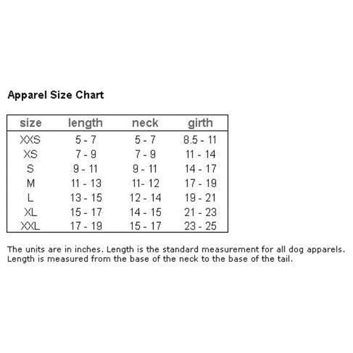Apparel size chart for pet sweater with length, neck, and girth measurements