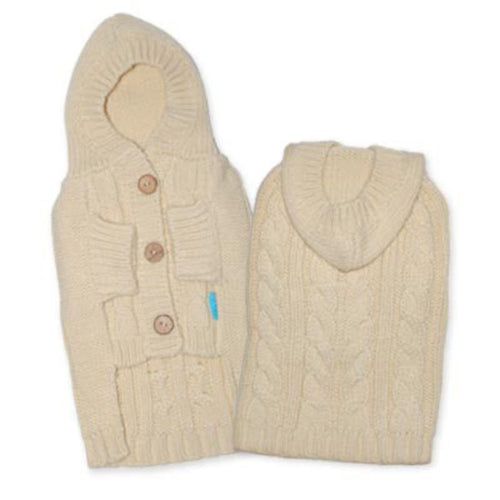 Beige cable-knit pet hoodie sweater with button front and front pocket details