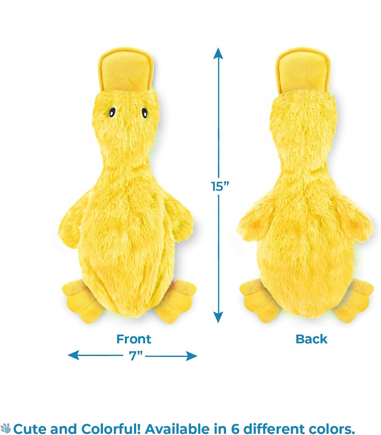 Yellow duck plush dog toy, front and back view; orange beak and feet; size shown