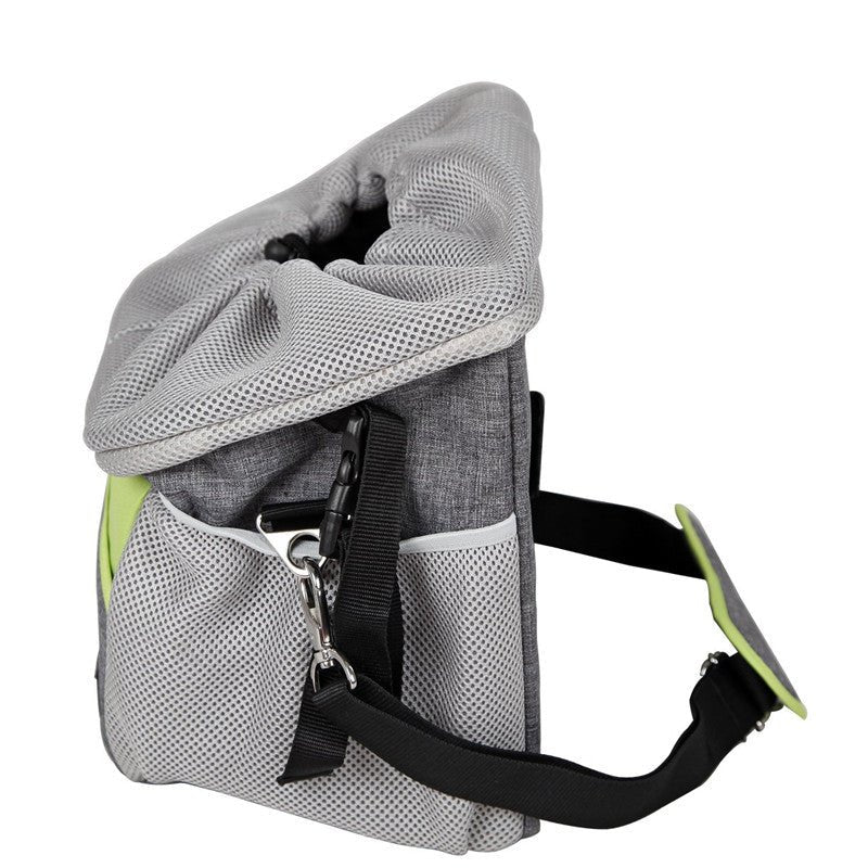 Grey pet bicycle basket with side flap, front pocket, and adjustable shoulder strap.