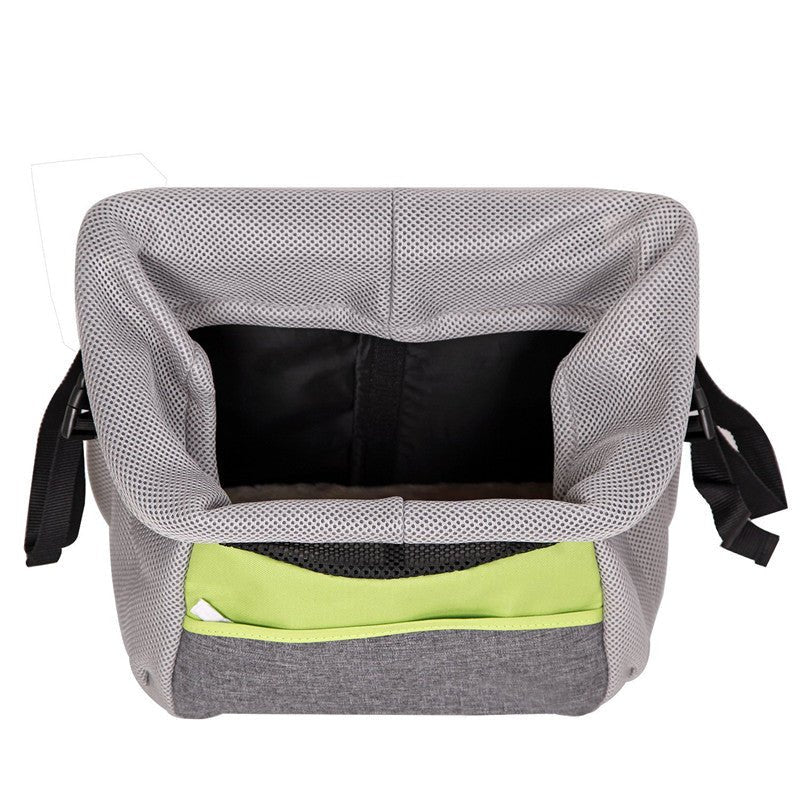 Grey pet bicycle basket with padded lining, green front stripe, and open top.