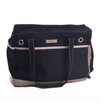 Dark canvas tote bag with zip-top, contrast stripe, metal grommet accents