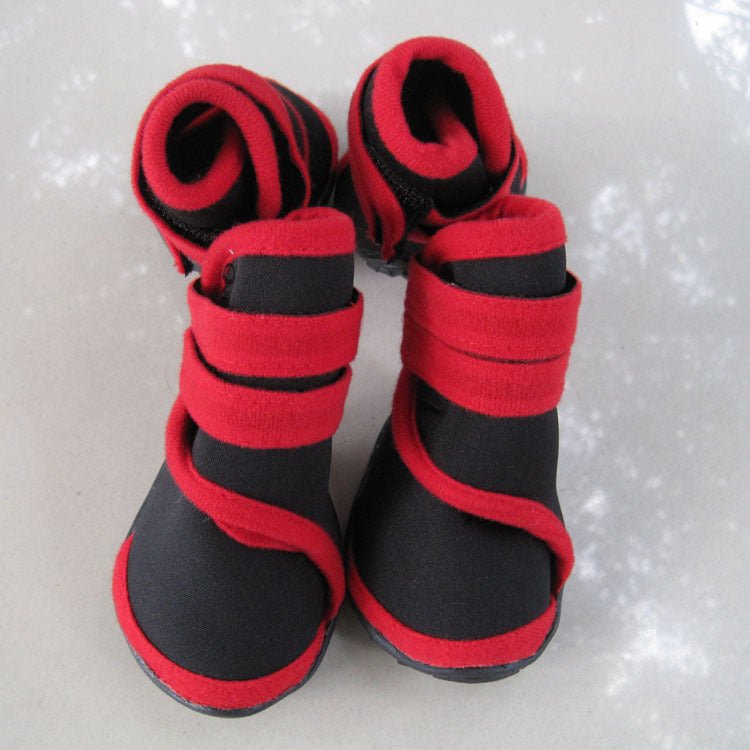 Four Seasons pet dog shoes, red-and-black pair with padded rim and straps