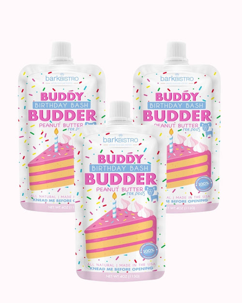 Birthday Bash Buddy Budder Bundle (Trio 4oz Squeeze Packs) - 100% all natural dog peanut butter, Made in USA Fursace Luxury Dog Plush Toy - Red Squeaky | Cookies Wagging Friends Boutique Cookies Wagging Friends Boutique