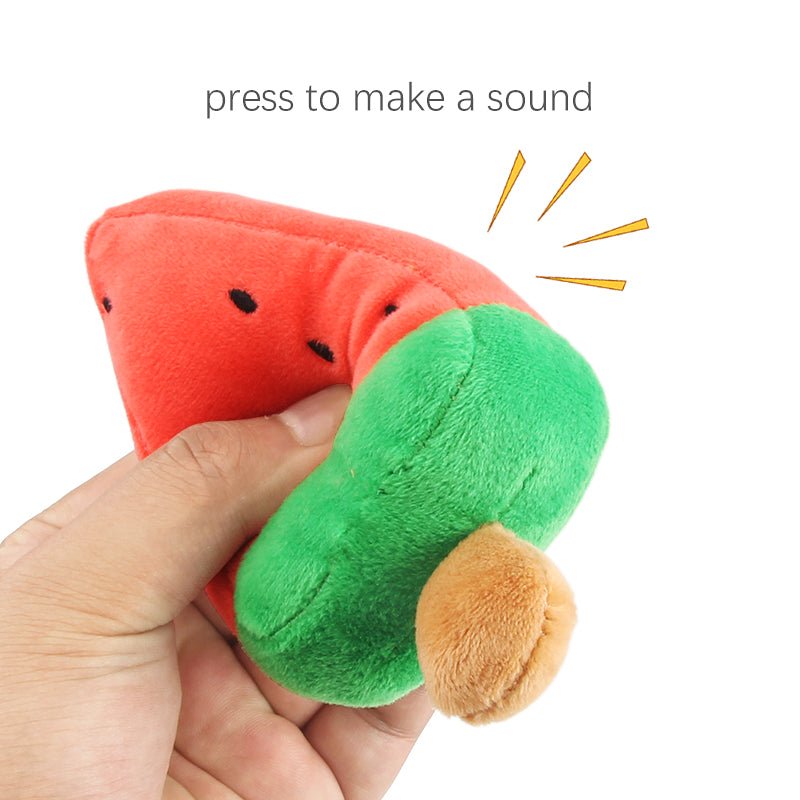 Watermelon dog plush toy in red and green, pressed sound-style, with brown end