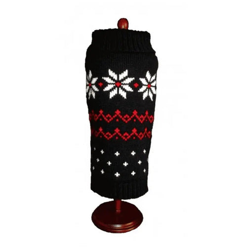 Black knit dog sweater with red and white fair isle snowflake pattern, ribbed turtleneck
