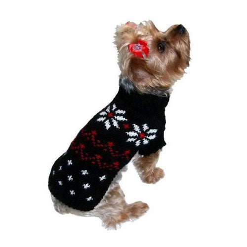 Black Fair Isle dog sweater with red and white snowflakes and reindeer-style motifs, turtleneck