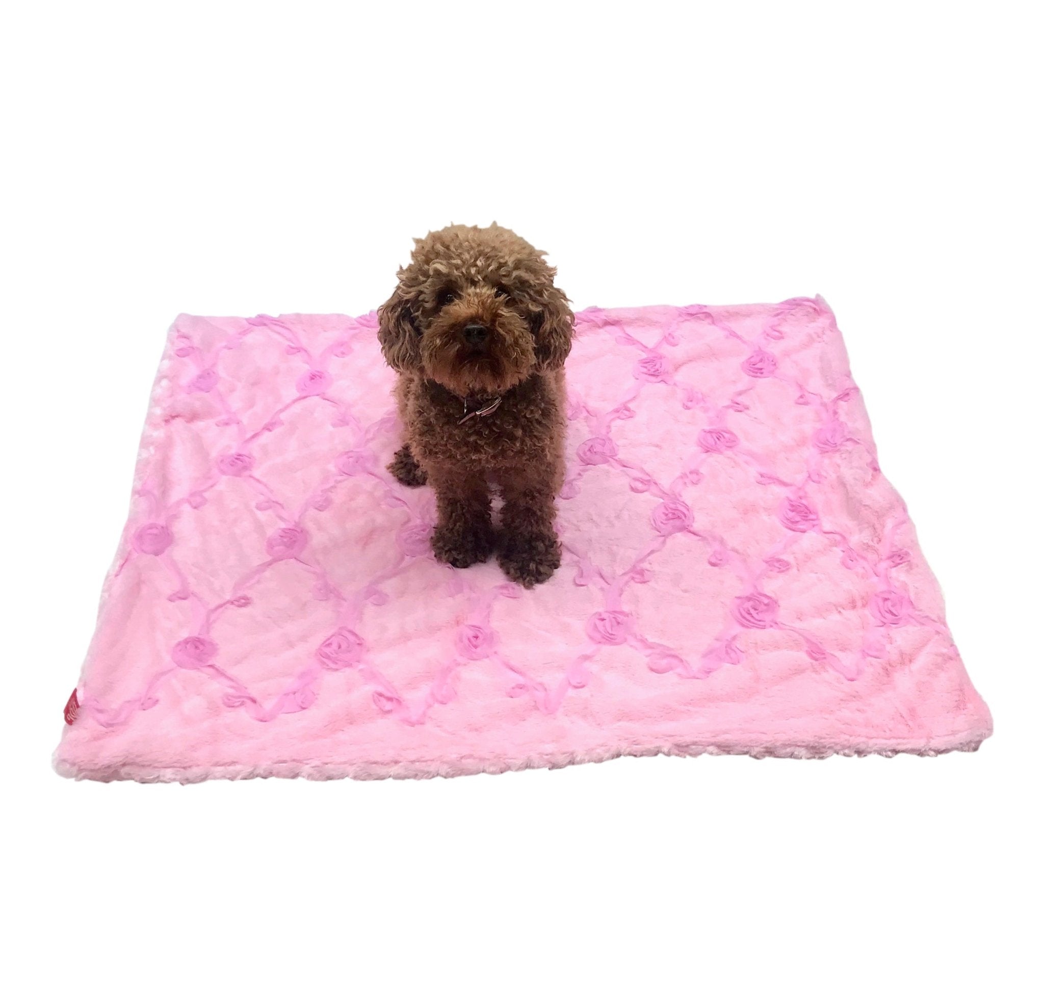 Pale pink embroidered rose quilt blanket with smooth stitched border