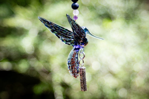 Blue hummingbird ornament, wings spread, hanging charm with bead strand