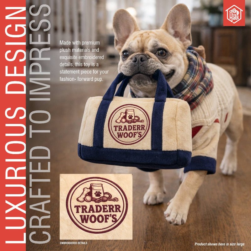Blue Traderr Woof’s Bag Plush Squeaky Dog Toy - 2 Sizes Fursace Luxury Dog Plush Toy - SM Red Squeaky | Cookies Wagging Friends Boutique Cookies Wagging Friends Boutique