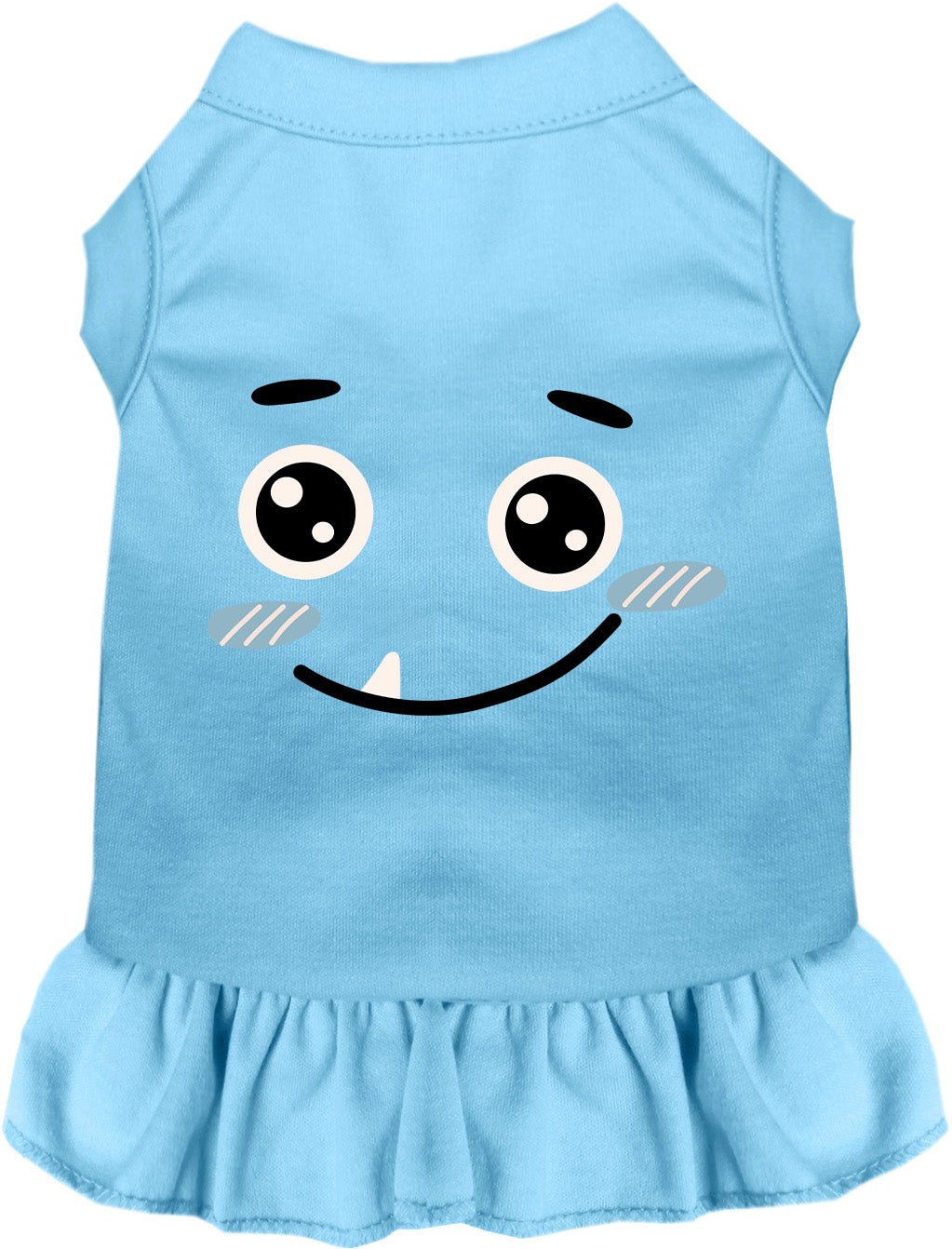 Light blue monster face sleeveless pet dress with ruffled skirt hem