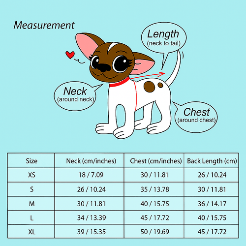 Dog dress measurement chart showing neck, chest, and back length by size