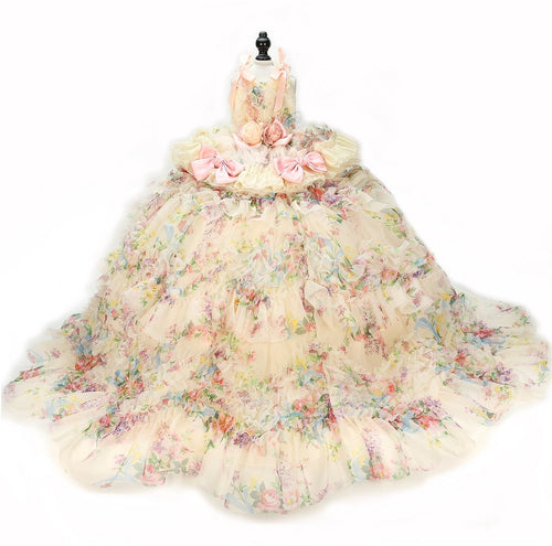 Floral pastel ruffle dog dress with pink bow train and layered tulle skirt