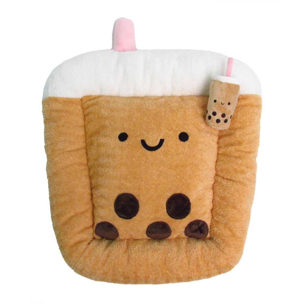 Plush dog bed with cute face design, pink topper, and small crinkle toy on top