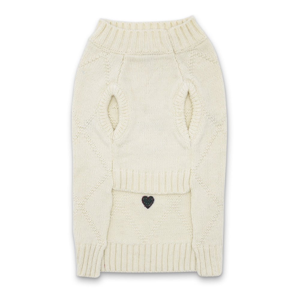 Cream knit dog sweater back view with cable knit texture and small heart pocket