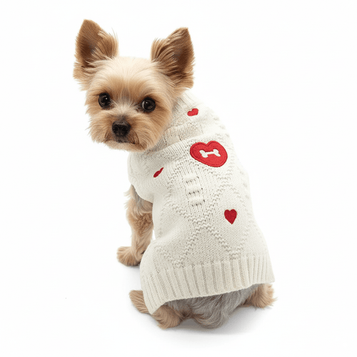 Cream knit dog sweater with red heart and bone applique on front