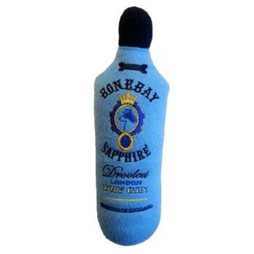 Bonebay Sapphire plush squeak dog toy, blue bottle shape with black cap