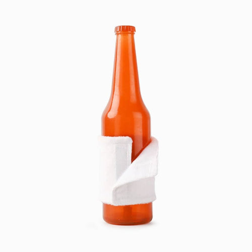 Orange rubber bottle squeak dog toy with white light sleeve wrap