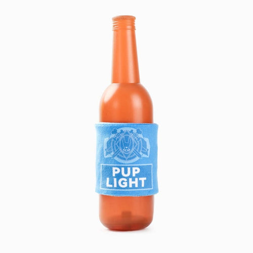 Orange rubber pup light bottle dog toy with blue sleeve label