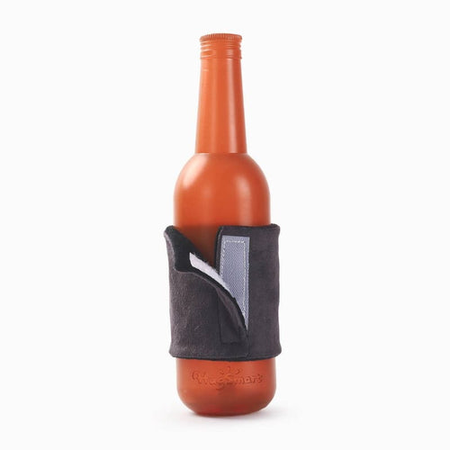 Orange rubber whiskey-bottle dog toy with black fabric sleeve and gray trim