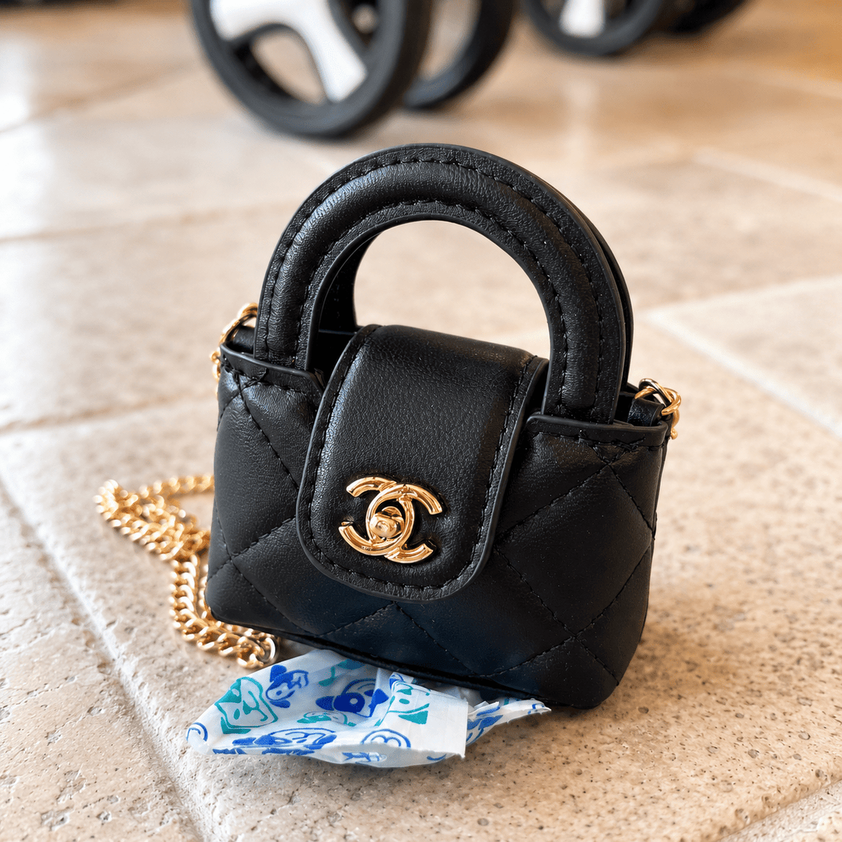 Boutique Mini Waste Bag Holder for Dogs – Quilted Pet Poop Bag Dispenser Purse with Gold Chain Fursace Luxury Dog Plush Toy - Black Red Squeaky | Cookies Wagging Friends Boutique Cookies Wagging Friends Boutique